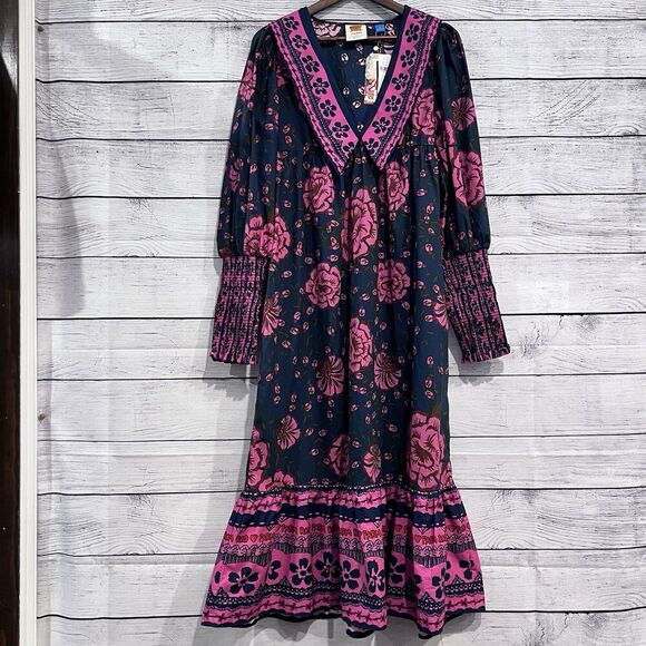 Farm Rio x Anthropologie Puff-Sleeve V Neck Midi Dress Size Small Floral New - Picture 2 of 14